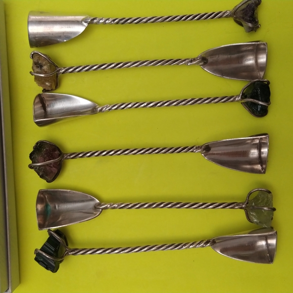 6PC STERLING SILVER VINTAGE MARTINI STIRRERS WITH SEMI PRECIOUS STONES - Picture 1 of 4